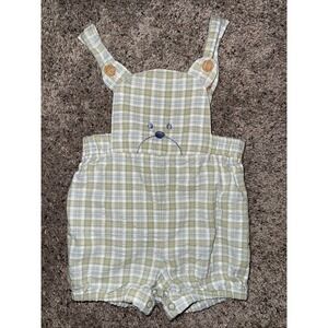 Vintage (Big Bird Tag) Baby Sz 6-9 Months Bear Blue/Green Plaid Bib Shortfalls